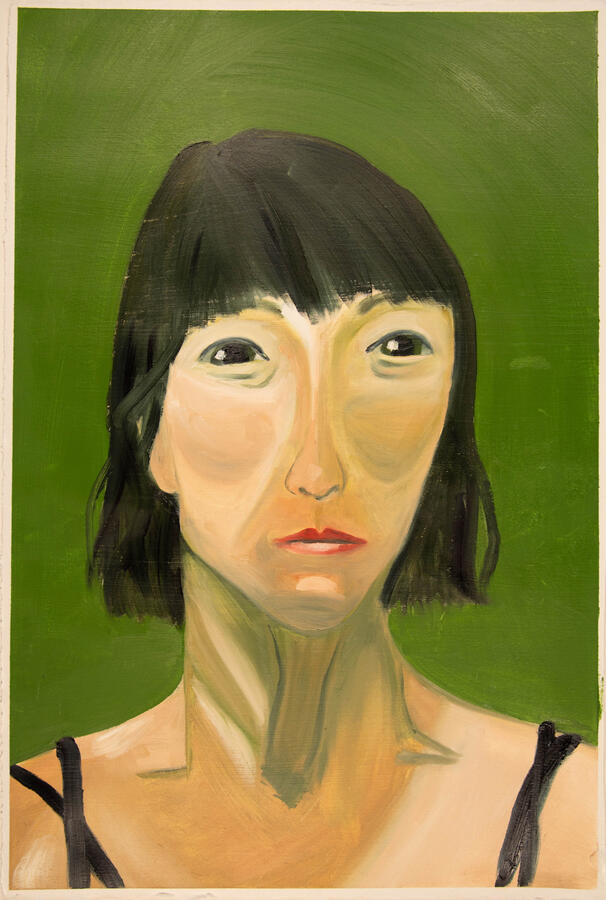 "Lisa, Portrait in Green," 2023. Oil painting on paper, 22 x 28 inches, matted/framed, $600.