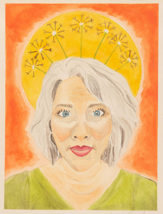 "Artist's Way Diptych:1- Mother Nature With her Dandelion Crown," 2021. Gouache on Paper, 21 x 29 inches, matted/framed, $400.