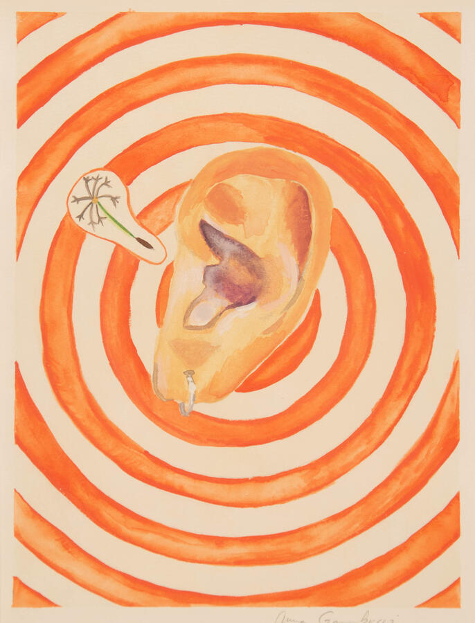 "Artist's Way Diptych: 2-Radar Ear [Listening Exquisitely to Nature]," 2021. Gouache on Paper, 21 x 29 inches, matted/framed, $400.