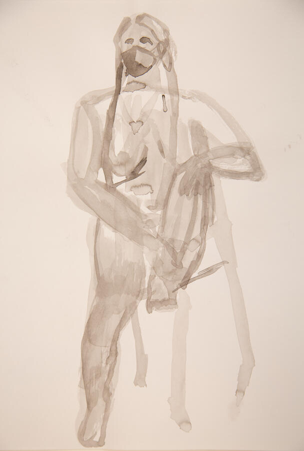 "Enduring in Faded Ink," 2022. Ink wash painting of live model on paper, matted/framed, 12 x 16 inches, $200.