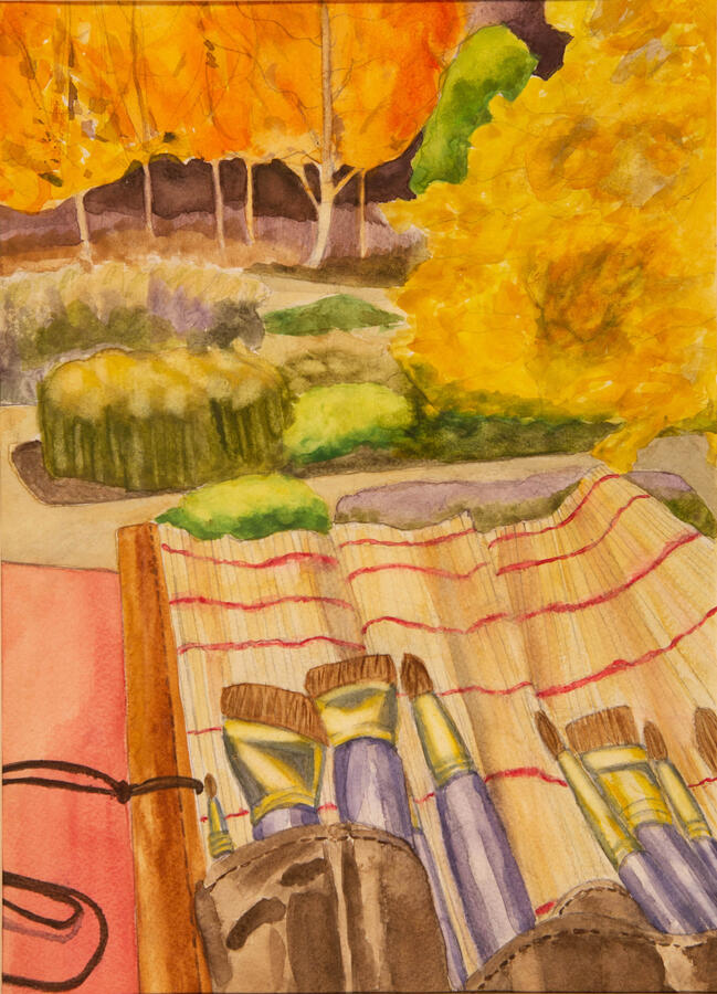 "Painting the Landscape," 2022. Watercolor on paper, 16 x 20 inches, matted/framed, $300.